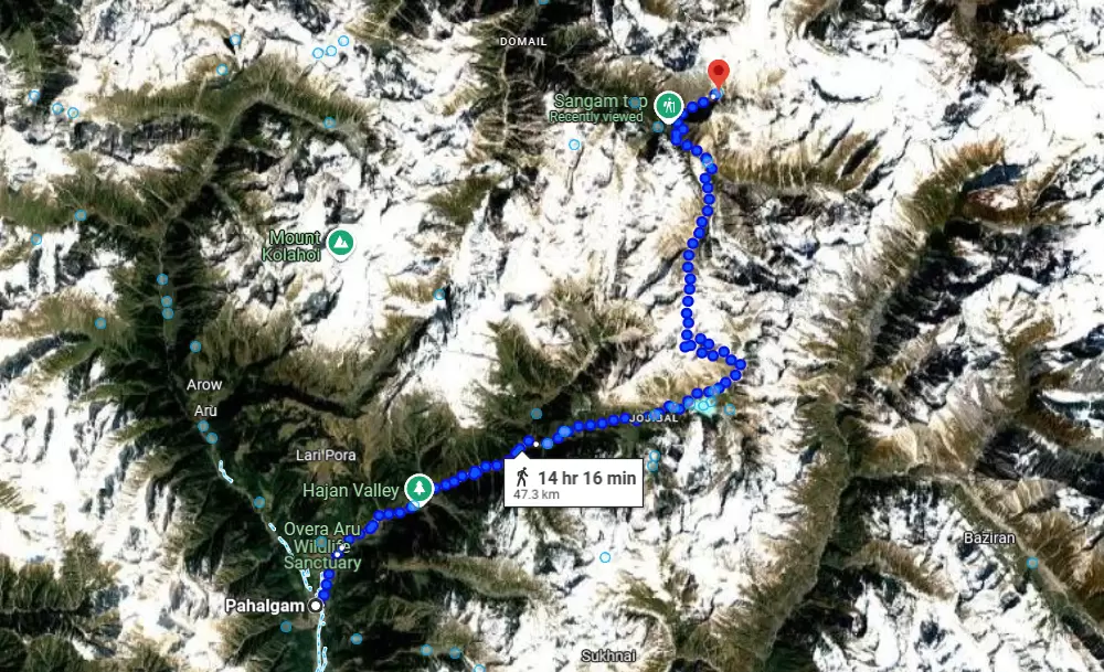 Pahalgam to Amarnath Cave Trek Route Map