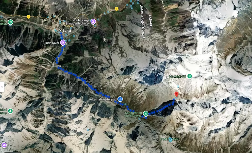 Baltal to Amarnath Cave Trek Route Map