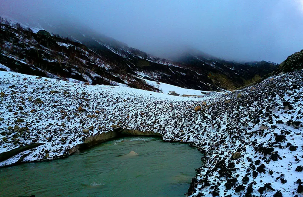 Natural bridge made from glacier above the Bhagirathi River in Bhojvasa, GaumukhTrack.. Pic: Harendra Mewari 