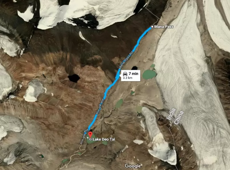 Deo Tal to Mana Pass in Google Maps. Pic: 