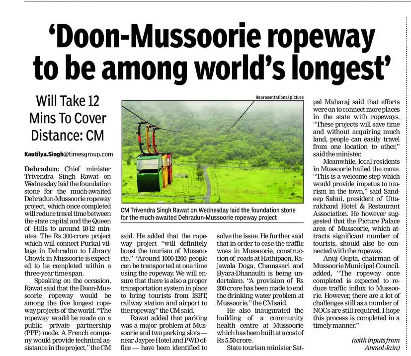 Dehradun Mussoorie Ropeway Project. Pic: Times of India