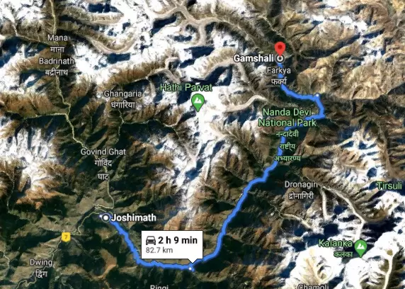 Joshimath to Gamshali Route Map. Pic: Google Maps