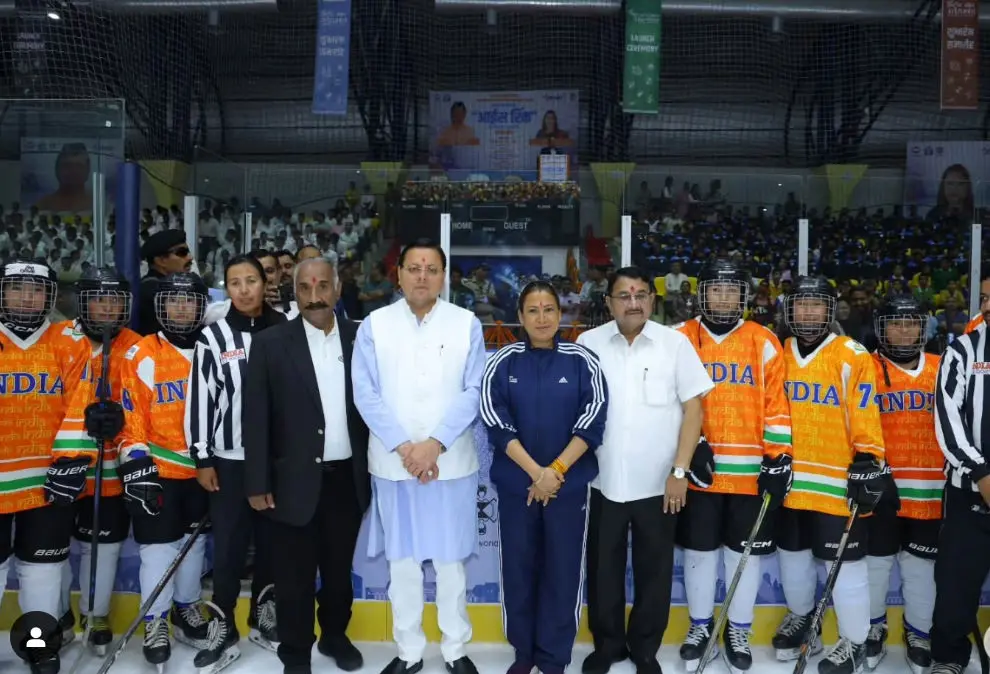 CM Dhami and Sports Minister Rekha Arya at the inauguration of Ice Skating Rink. Pic: 