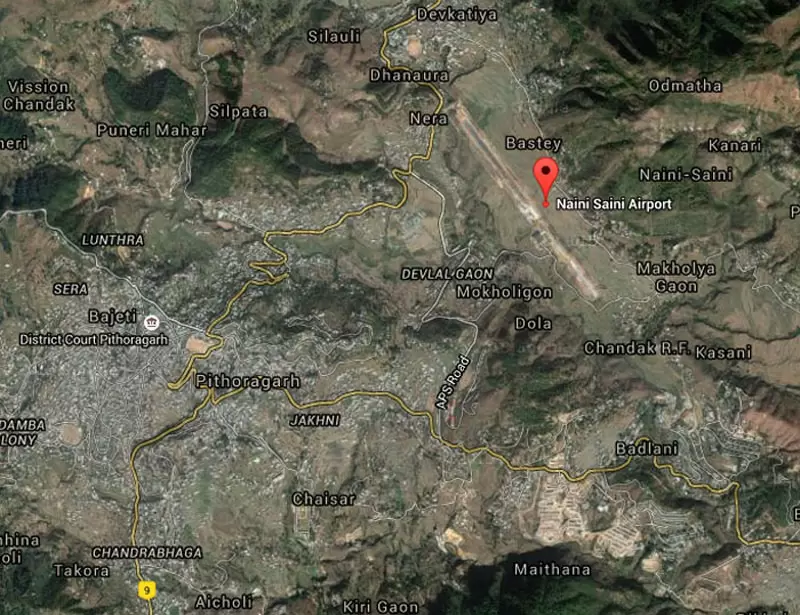 Pithoragarh city and Naini Saini Airport Air Strip. Pic: Google Maps