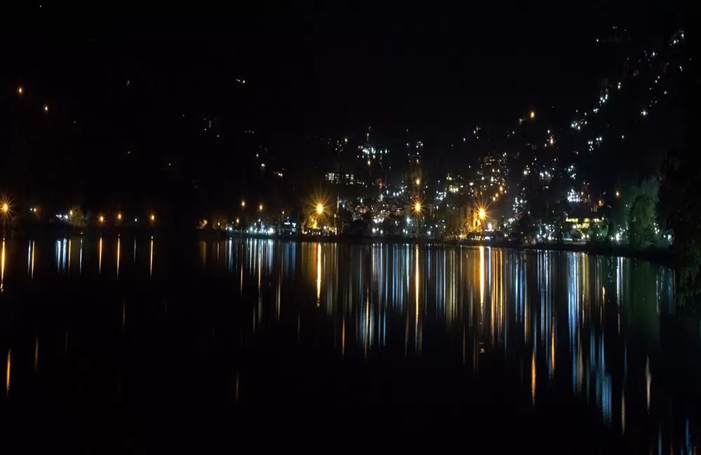 Night view of Naini lake and reflection of lights as seen from Mall road Nainital.. Pic: Rupa Mitra 