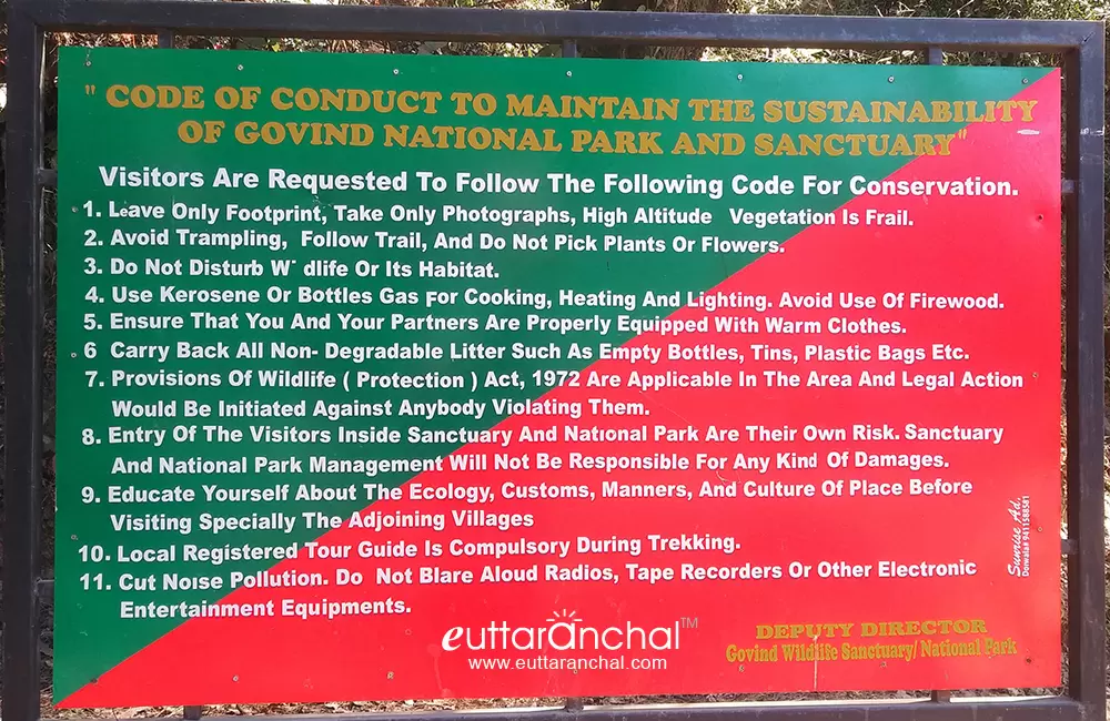 Govind Ballabh Pant National Park  -  Code of Conduct board at Newar.. Pic: 