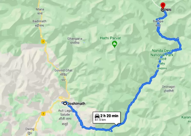 Route Map from Joshimath to Niti Village. Pic: Google Maps