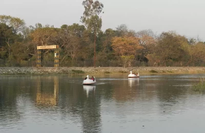 Tourist enjoying boating and water sports in Assan Barrage Bird Sanctuary.
