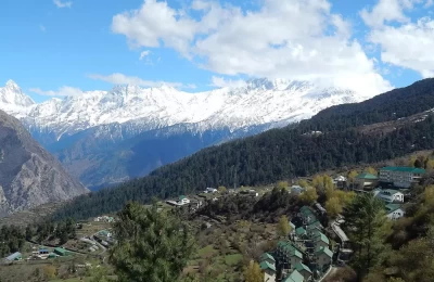 Green roofed huts in Auli as seen from Shree Hanumanji Temple near GMVN TRH, Auli