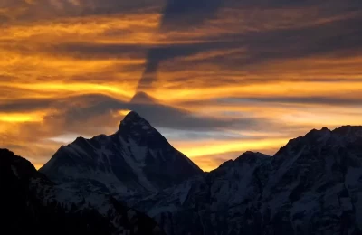 Lovely sunrise at Nanda Devi peak captured in Auli from Lord Hanuman Temple behind GMVN resort.