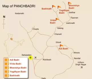 Badrinath Location Map with Panch Badris