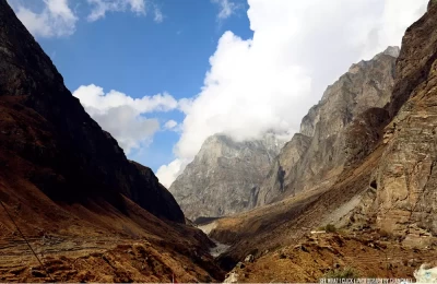 A colourful view of opposite sides beautiful hills from vasudhara falls near badrinath. 