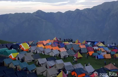 Tents over the expanse of Bedni Bugyal, housing travelers part of the Raj Jat Yatra