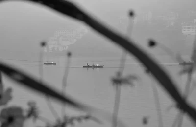 Tourist enjoying boating at Bhimtal lake. 