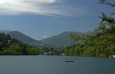 Beautiful Bimtal lake in the foreground and Bhimtal town in the backdrop.