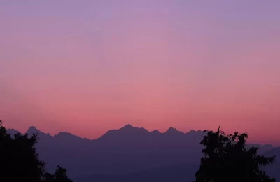 Breathtaking early morning view of Himalayan Mountains in  Binsar.