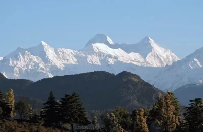 A beautiful morning view of snow capped mountains as seen from Chaukori, Pithoragarh