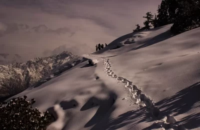 The photograph was taken when there was cloud cover in the sky. With few sun rays, the photograph was bit underexposed. After fresh snow fall the shining snow in peaks and on the surface created a beautiful imapact - Near Dev Darshan; Chopta To Tungnath Trek; Chamoli
