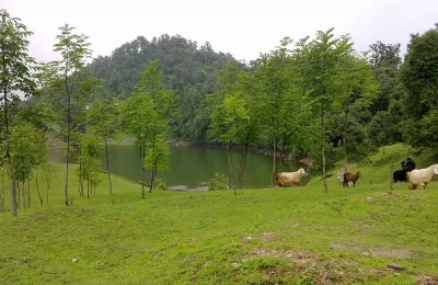 Scenic view of Deoriyatal, Surrounded with beautiful green mountains and trees.