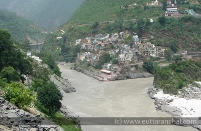 Devprayag as seen from Pauri Bridge over River Ganga