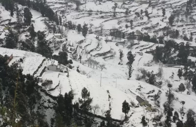Mesmerising view of fields near Dhanaulti after Snowfall.