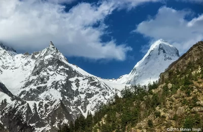 A beautiful view of snow capped mountain peak as seen from Gangotri, Uttarakhand.