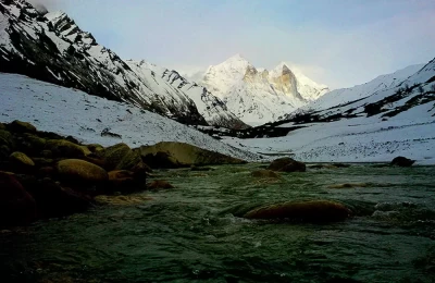 Bhagirathi river and Bhagirathi Peaks as seen form Bhojbasa, Goumukh.