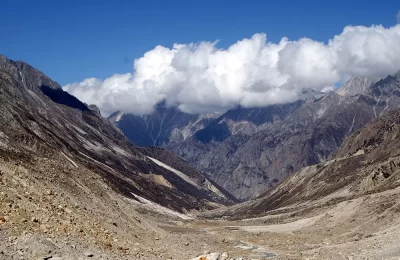 Clouds are flying over the mountains of Gangotri National Park, near Gaumukh