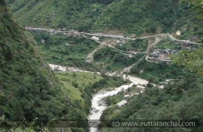 Govindhghat and Main Badrinath Road as seen from Trek to Ghangaria