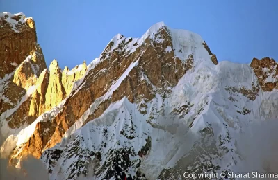 Sunset at snow covered Kedar and Kedar dome peaks Kedar.