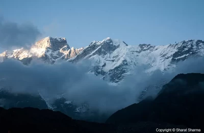 Snow covered Kedar and Kedar dome peaks.