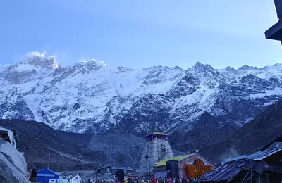 A distant view of Kedarnath temple and Kedarnath Dome.