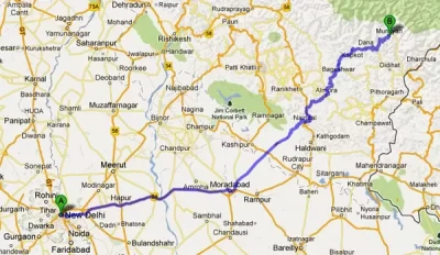 Delhi to Munsiyari Road route map