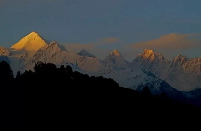 View of Panchachuli peaks from meadows above Munsiyari.