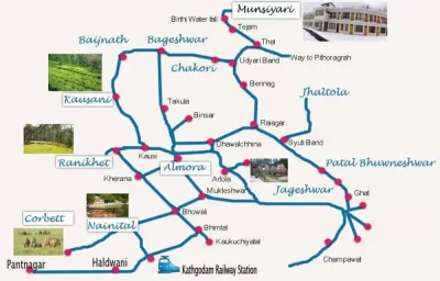 Location of Munsiyari on Uttarakhand with Important nearby tourist places