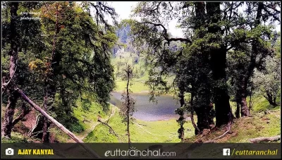 Distance view of lake inside the jungle in Thal Munsiyari Pithoragarh