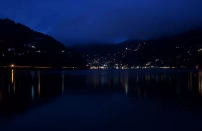 The lovely night view of Nainital with light reflections in lake 