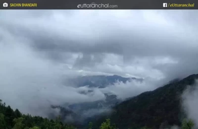 Clouds engulfing mountains near Narendra nagar, Tehri.