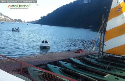Tourist enjoying boating at Naukuchiatal, Uttarakhand.