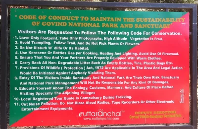 Govind Ballabh Pant National Park  -  Code of Conduct board at Newar.