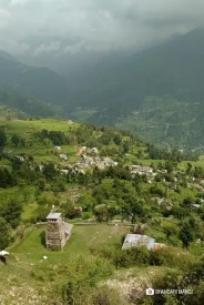 View of Devariya Nag Mandir / Omkar Ratneshwar Mahadev  and Sari villlage. Taken from on the way to Devariya Tal