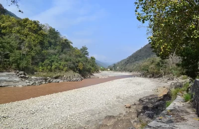 The beautiful Saryu River - view from the Shiv temple at the confluence point of two rivers Saryu and the Maha Kali River.
