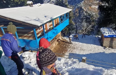 Children enjoying the snowfall in Sankri village.