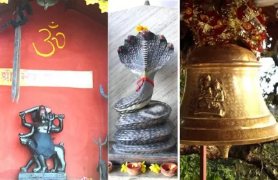 The three prime deities of Himalayan villages in the temple complex: Bhairav ji, Naag Devta and Ghantakarna