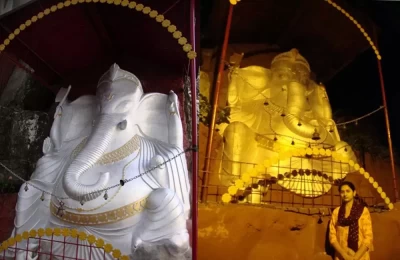 The Statue of Lord Ganesha, made of stone and cement, at the entrance of Kashi Devasthanam