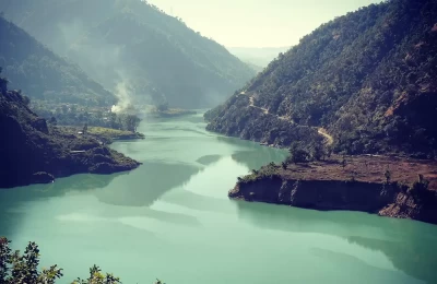 View of Alaknanda river/Srinagar hydro electric project, near dhari devi Srinagar.