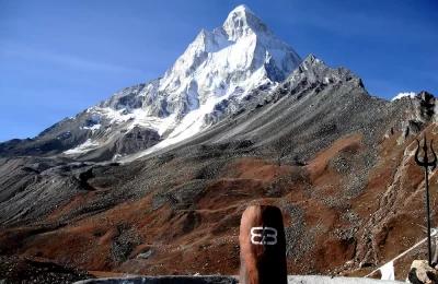 Lord Shiva shivling in the foreground and Mount Shivling in the backdrop. It is a place in Gangotri valley Where man meets God and God meets Earth.