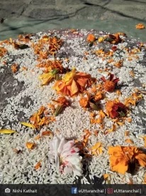 Flowers and other items used in the pooja at Triyugi Narayan temple.