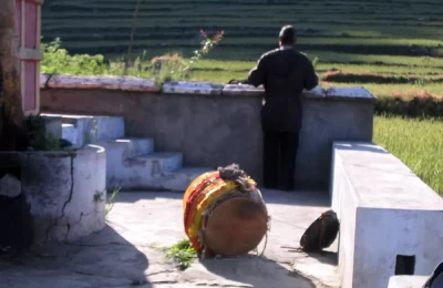 Traditional Dhol (drum) in Bholeshwar Temple in Ukhimath