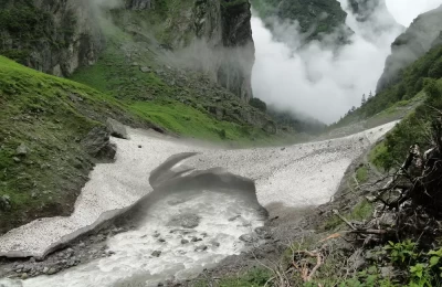 The awe-inspiring glacier and grand vista of pristine nature seen on the way to valley of flowers, one of the world heritage sites recognized by UNESCO.